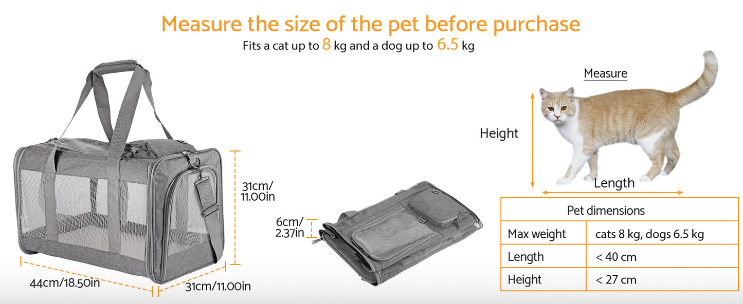 Dog Carrier, Cat Carrier Airline Approved Soft Pet Carrier with Breathable Honeycomb Board, Removable Support Board for Car,