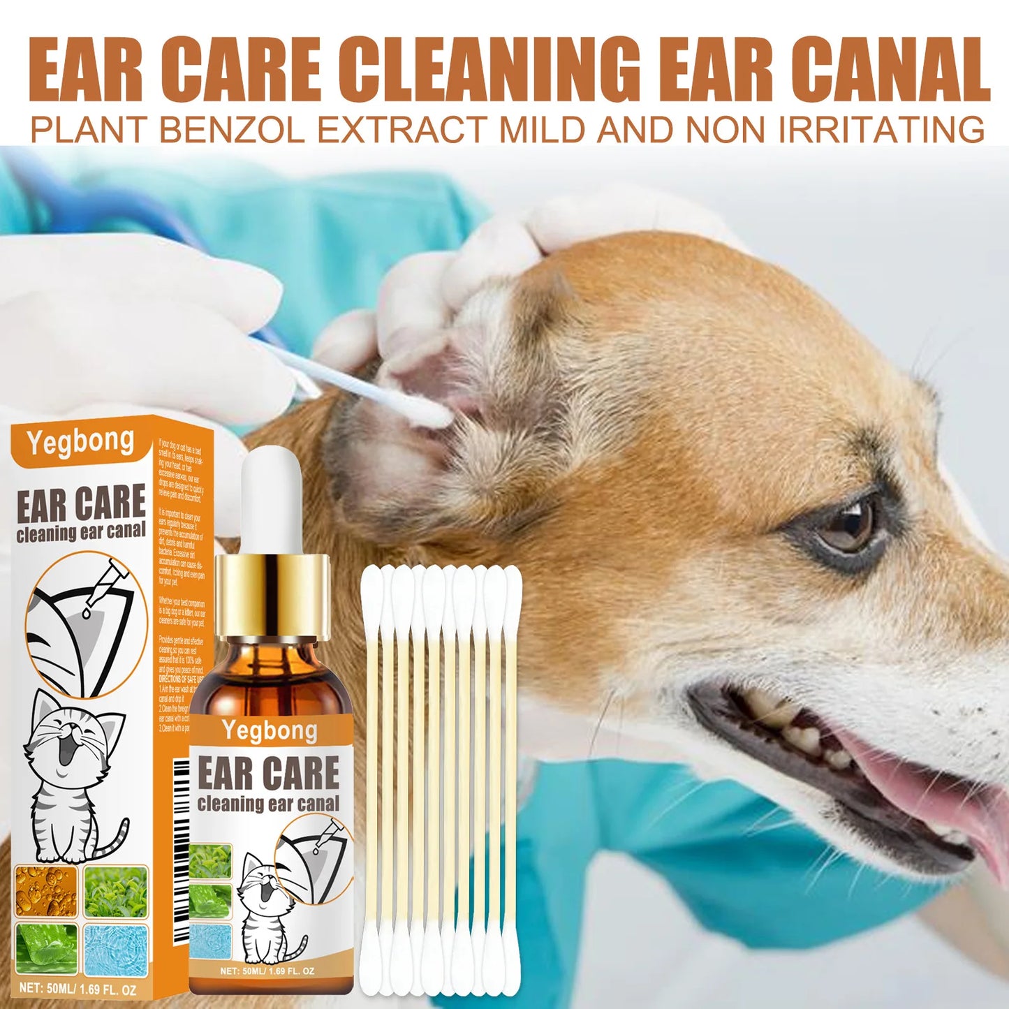 50ml Pet Ear Mite Deodorant Ear Cleaner Ear Wash Infection Control Itching Relief Pet Ear Soothing Care With Cotton Swab
