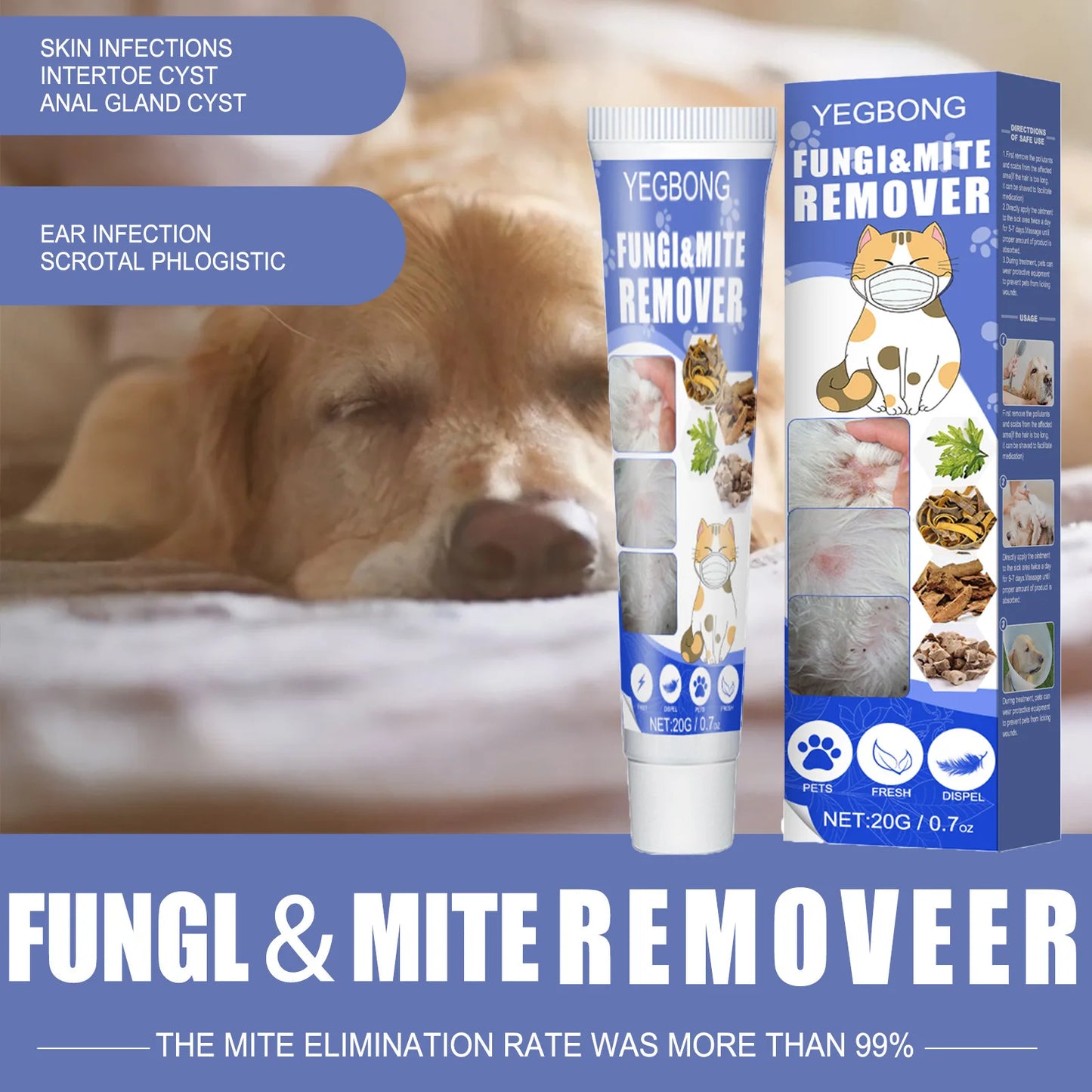 Yegbong 20g Pet Mite Removal Cream Ointment Pet Dog Cat Anti Itchy Remove Fungi Improve Skin Pet