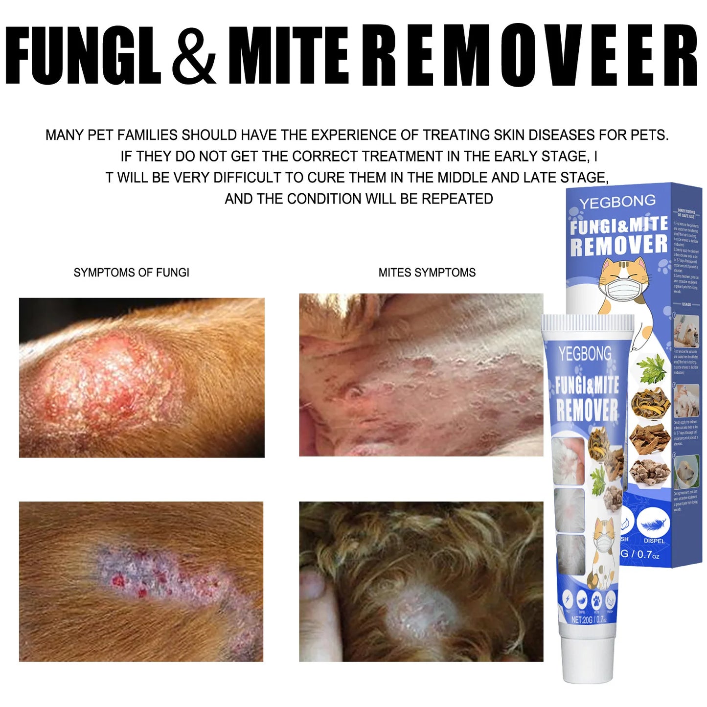 Yegbong 20g Pet Mite Removal Cream Ointment Pet Dog Cat Anti Itchy Remove Fungi Improve Skin Pet