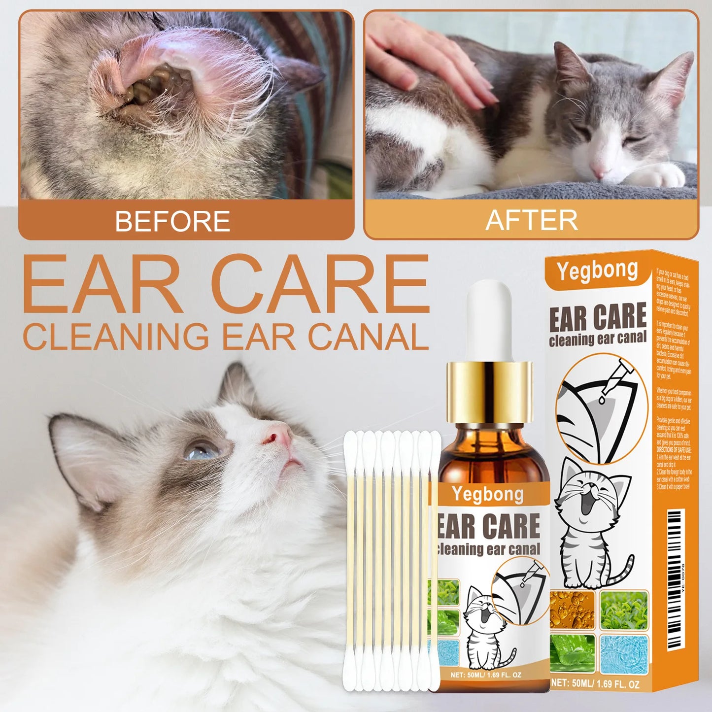 50ml Pet Ear Mite Deodorant Ear Cleaner Ear Wash Infection Control Itching Relief Pet Ear Soothing Care With Cotton Swab