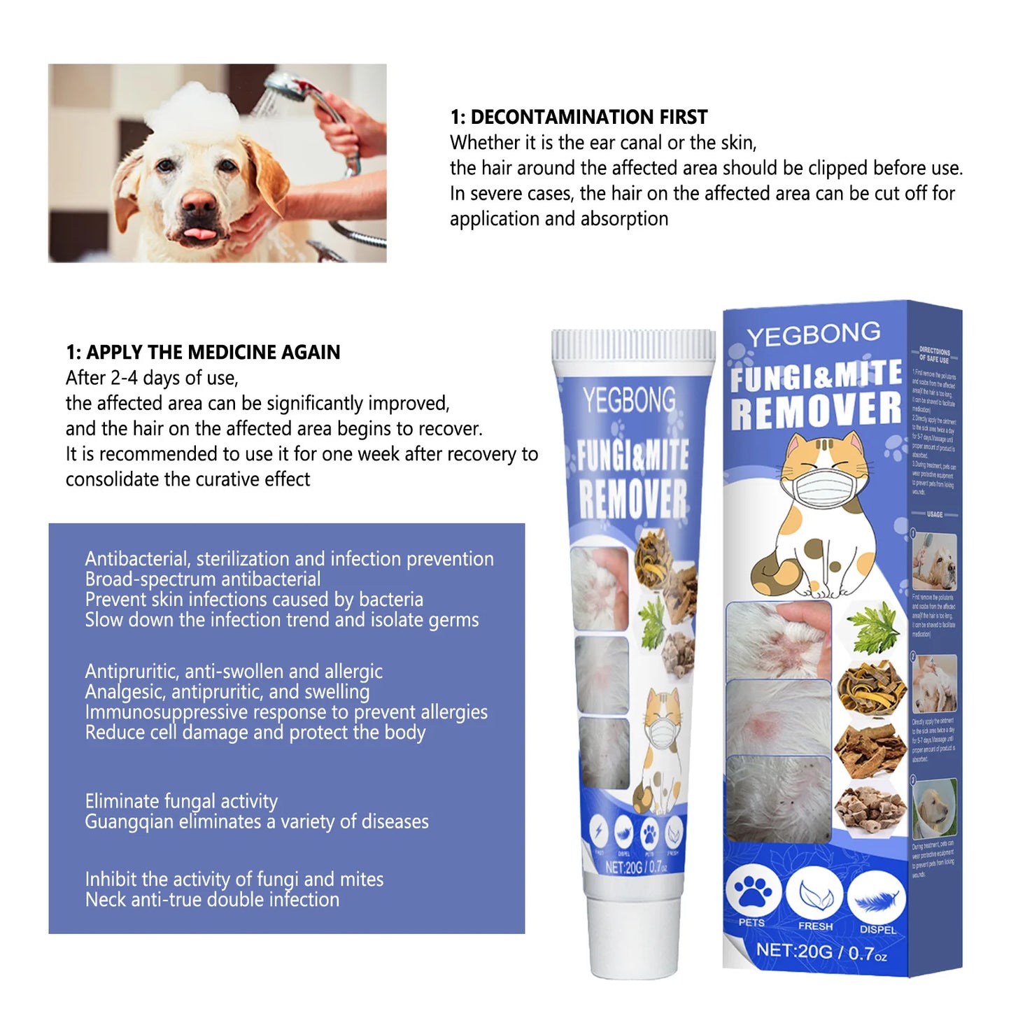 Yegbong 20g Pet Mite Removal Cream Ointment Pet Dog Cat Anti Itchy Remove Fungi Improve Skin Pet