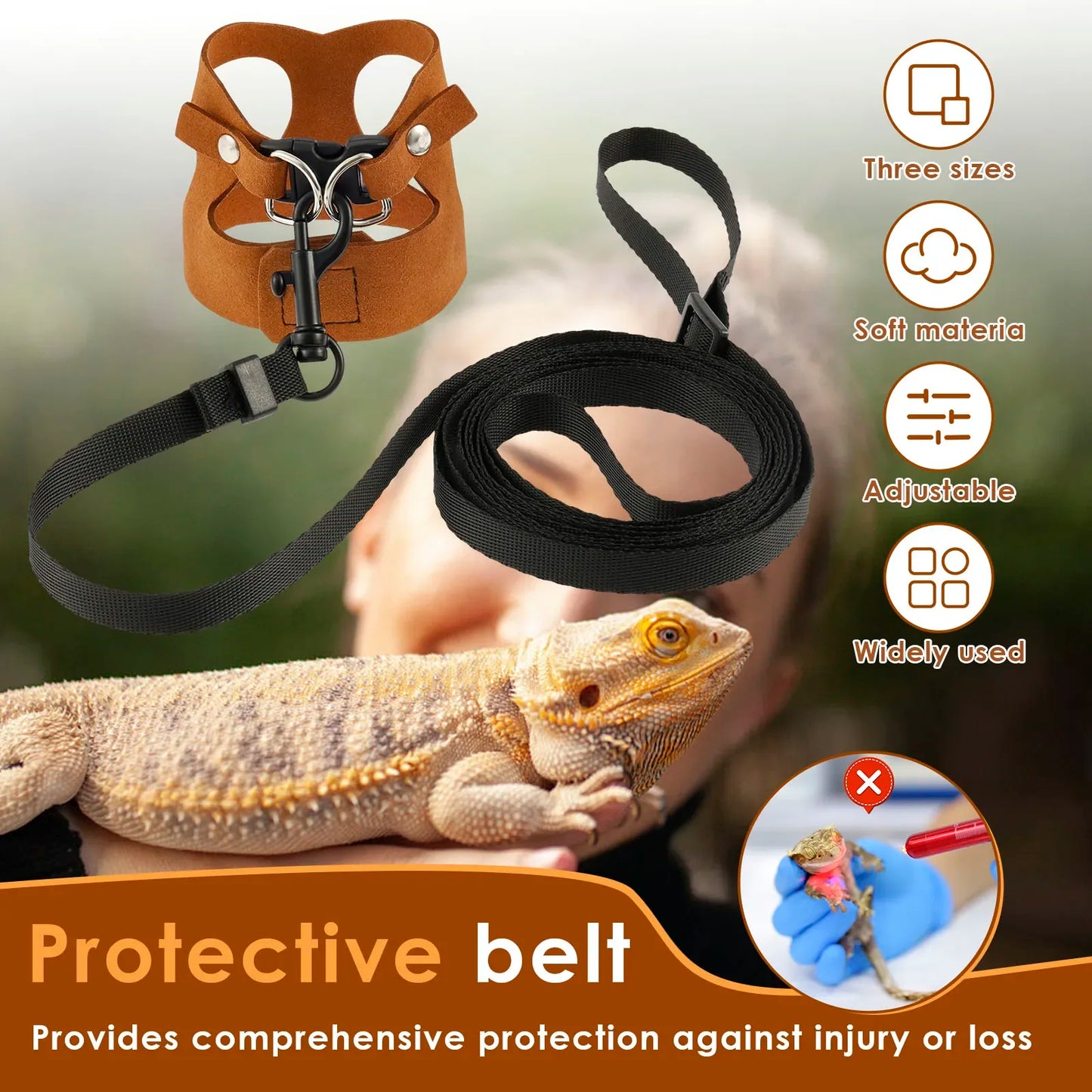 3Pcs Lizard Leash Harness Adjustable Reptile Bearded Dragon Traction Soft Rope Chameleon Amphibians Pet Harness Supplies