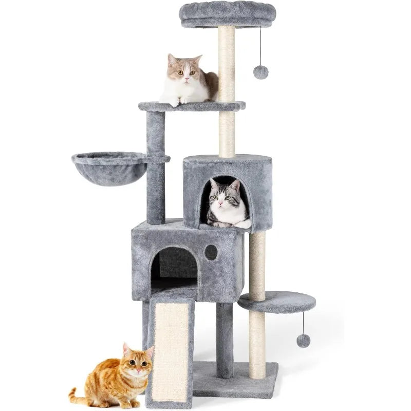 61" Large Cat Tree Tower for Indoor Cats with DIY Green Leaves Scratching Post Multi Soft Hang Ball Plush Cat House Furniture