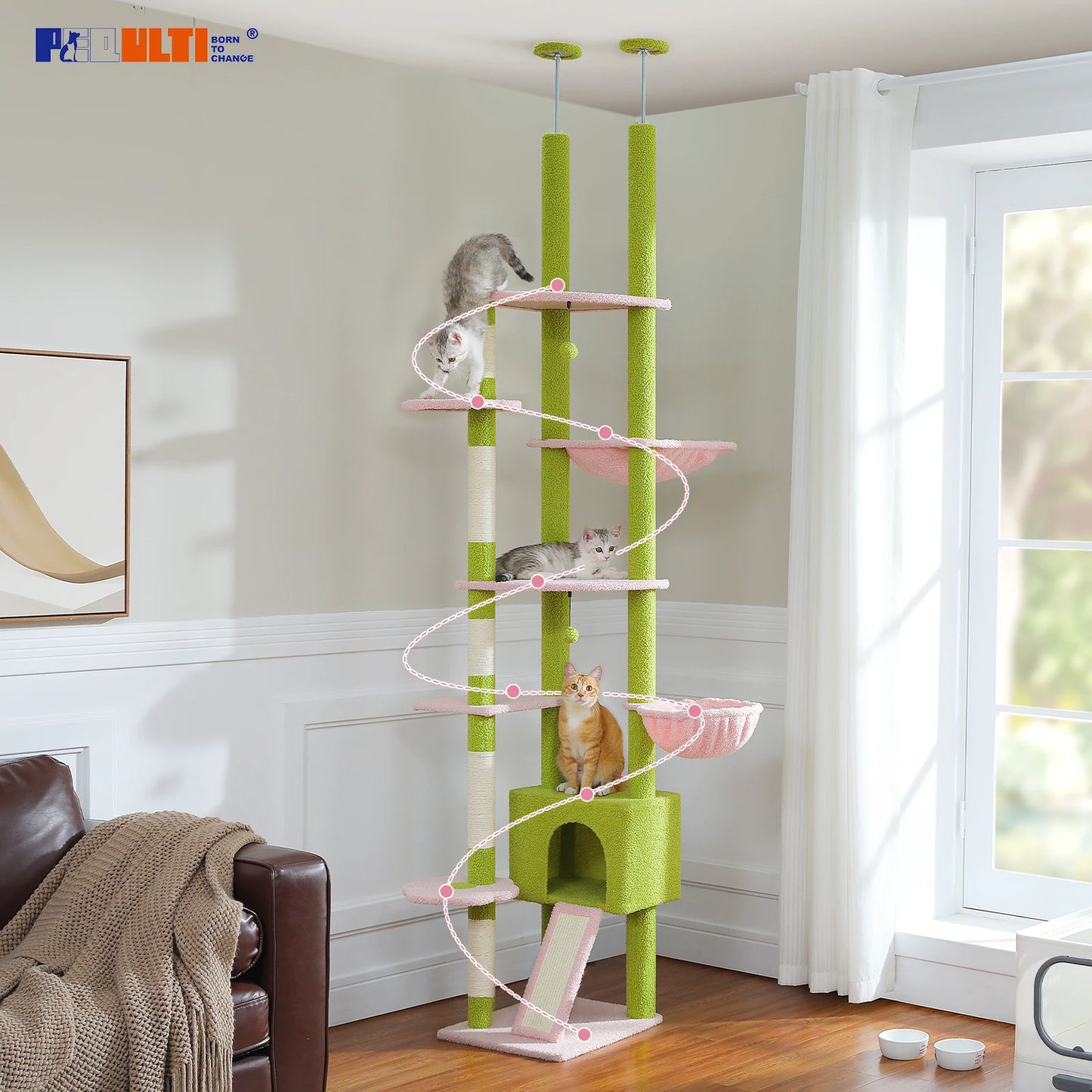 Cactus Cat Tree Floor to Ceiling Adjustable Height Cat Condo Cozy Hammock and Scratching Post Tall Activity Tree