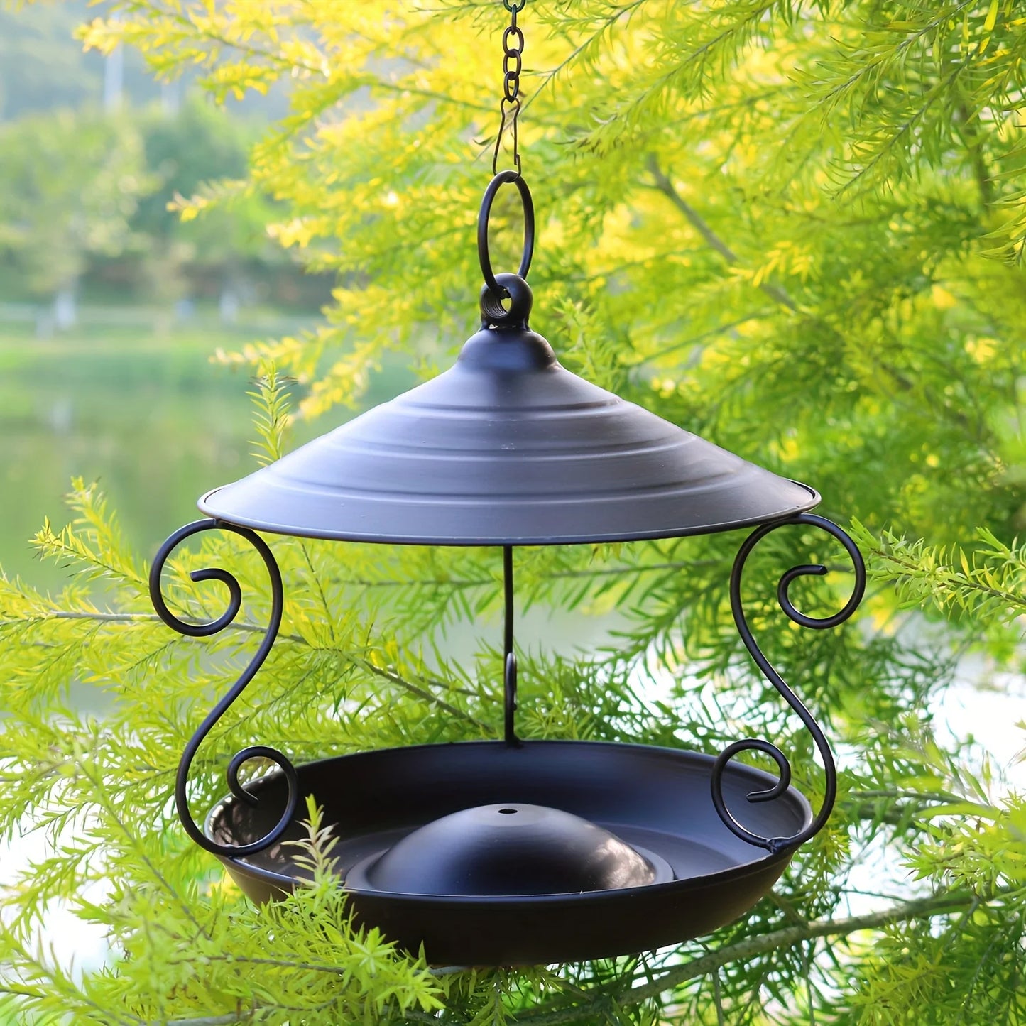 Elegant Black Hanging Bird Feeder - Durable Metal Garden Decor, Attracts Various Birds, Ideal for Outdoor Use