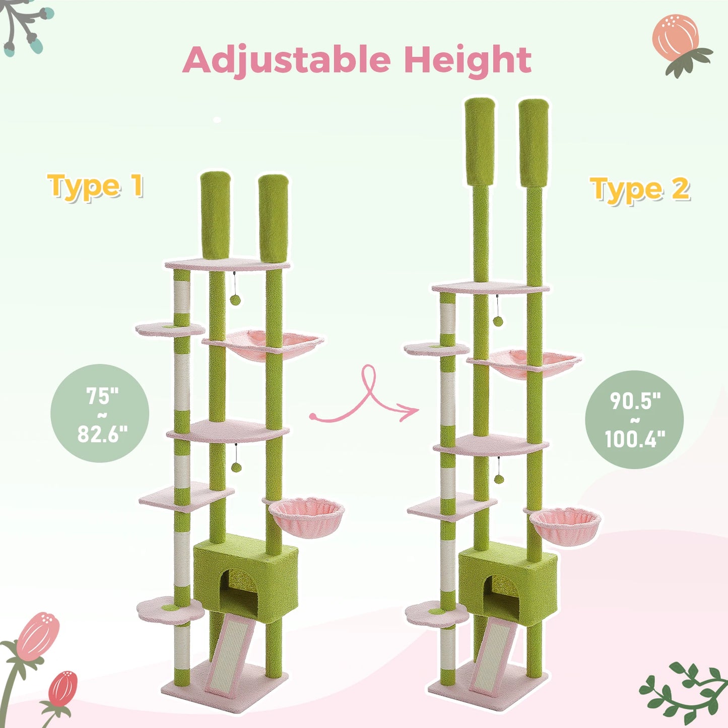 Cactus Cat Tree Floor to Ceiling Adjustable Height Cat Condo Cozy Hammock and Scratching Post Tall Activity Tree