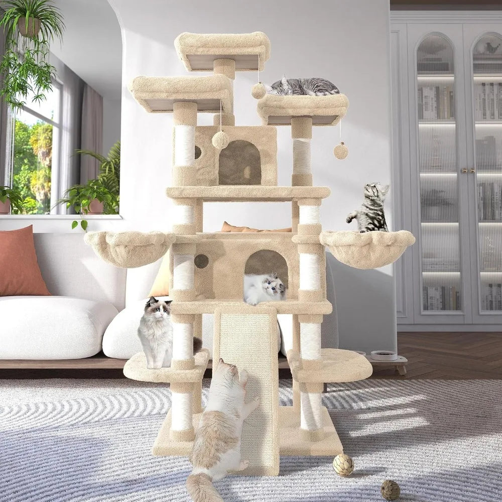 68 Inches Multi-Level Large Cat Tree for Big Cats, Condo Cozy, Plush Cat Perches Fluffy Balls