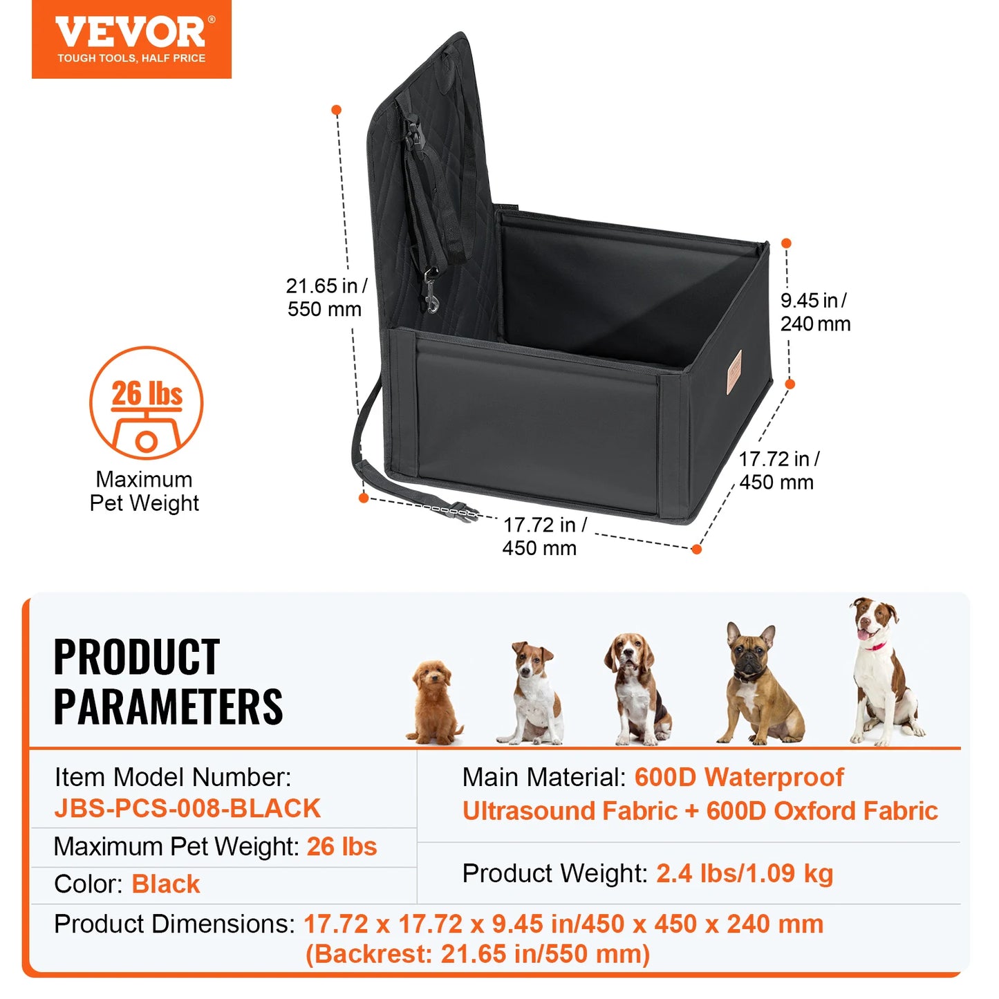 VEVOR Dog Car Seat Waterproof Dog Booster Seat Pet Car Seat with Clip-On Safety Leash PP Cotton Car Bed for Medium & Large Dog