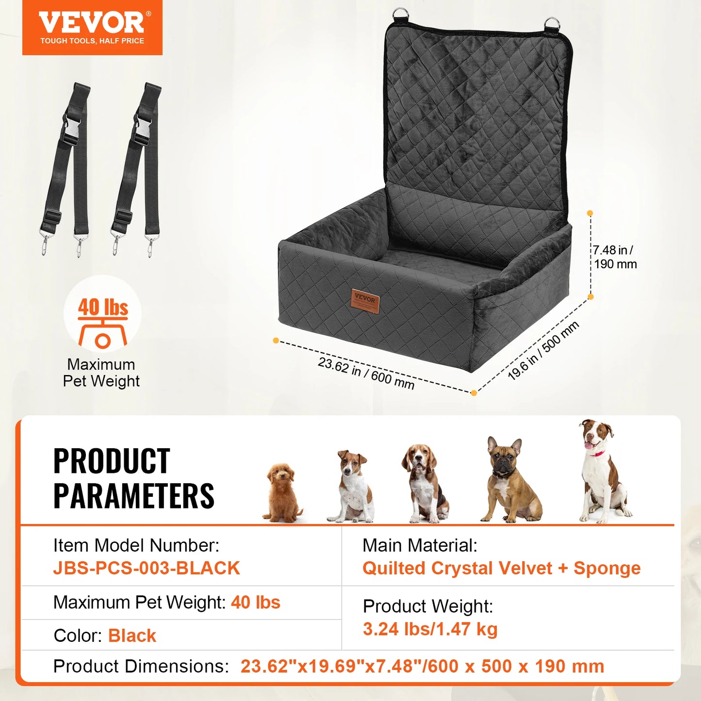 VEVOR Dog Car Seat Waterproof Dog Booster Seat Pet Car Seat with Clip-On Safety Leash PP Cotton Car Bed for Medium & Large Dog