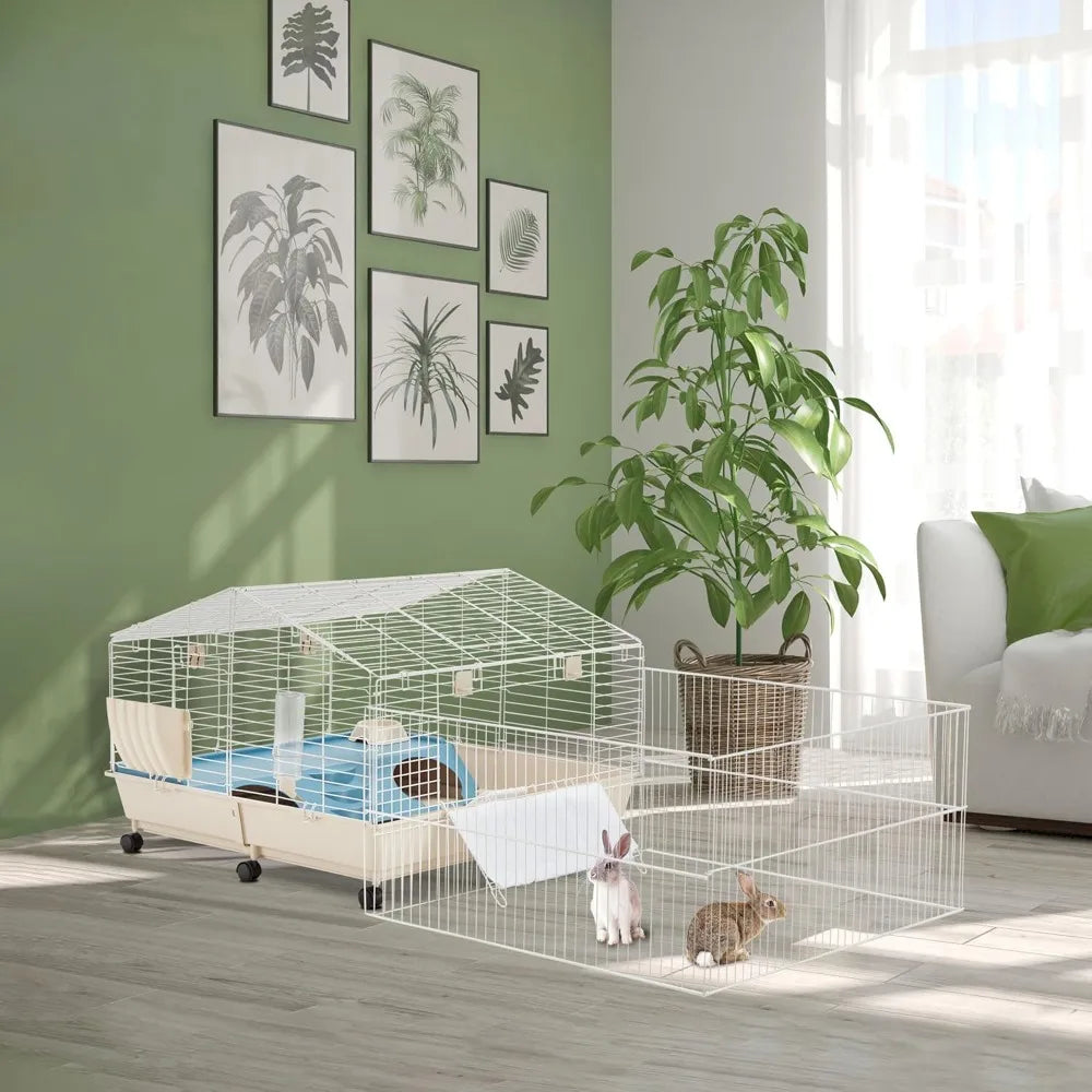 67" L Rolling Rabbit Cage with Foldable Playpen, Small Animal Cage, Guinea Pig Cages with Ramp/Water Bottle/Hay Feeder Chinchilla