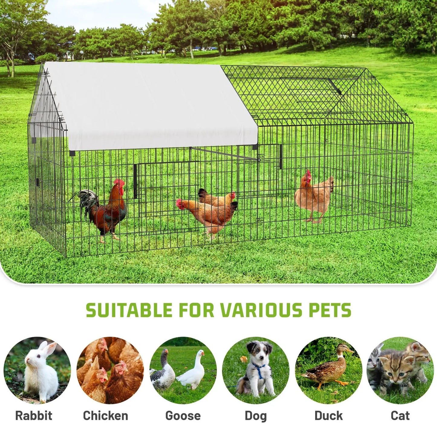 Metal Chicken Coop with Waterproof Cover, Chicken Run Pen for Yard, Outdoor Portable Hen House, Large Animal Cage with 4 Doors
