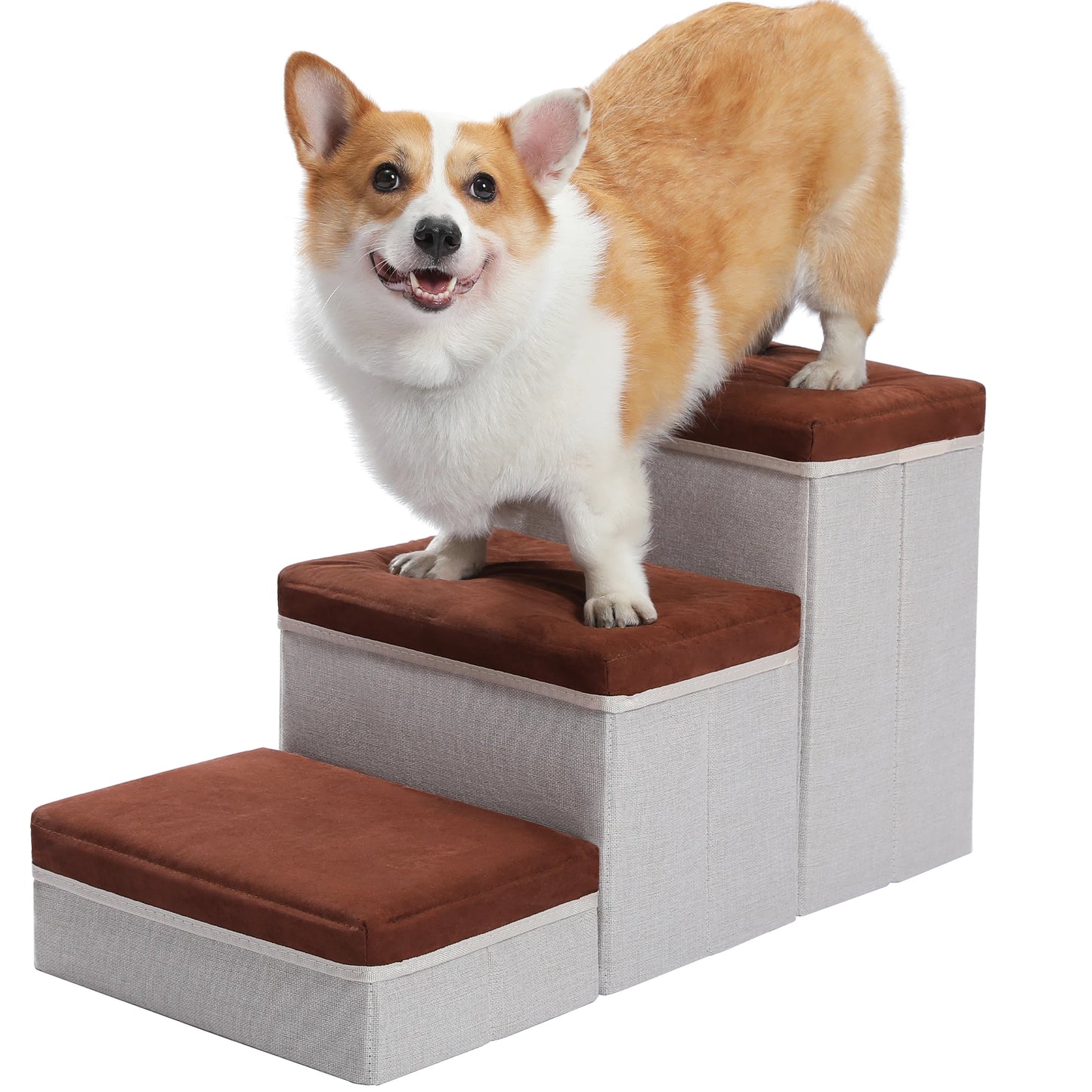 3-Tier Dog Stairs Foldable Pet Stair with Storage Box Adjustable Height Dog Steps for Small Old Dog Cat Non-Slip Pet Ramp Indoor