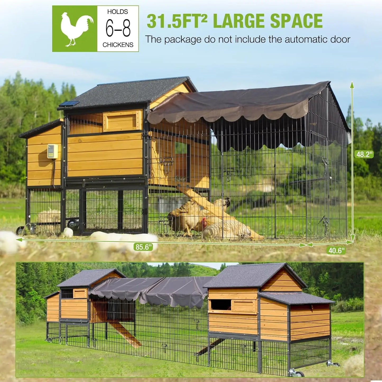 Large Chicken Coop with Metal Frame Mobile Hen House Poultry Cage with Wheels for 4-6 Chickens 85" L