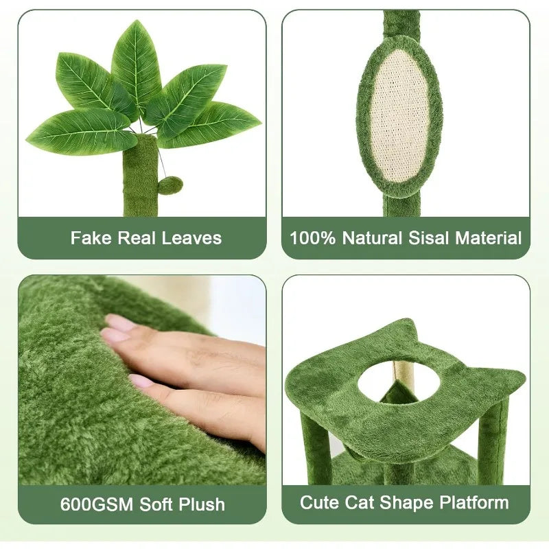 61" Large Cat Tree Tower for Indoor Cats with DIY Green Leaves Scratching Post Multi Soft Hang Ball Plush Cat House Furniture
