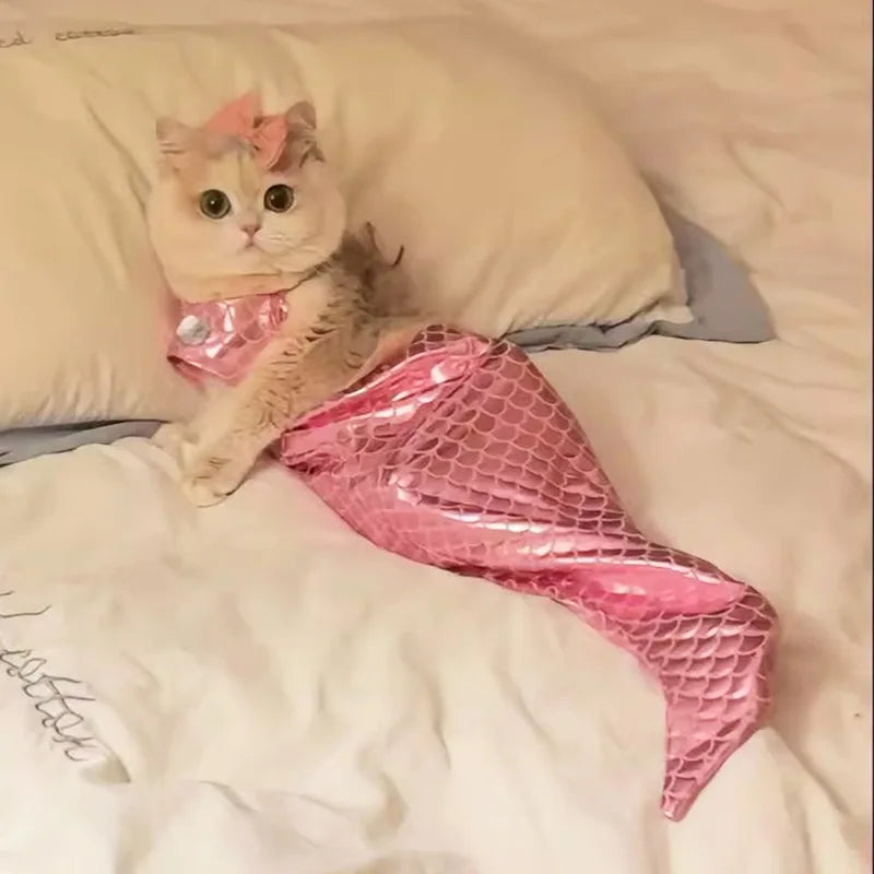 Decorative Cat Mermaid Polyester with Bow Headband Pet Fishtail Swimsuit Soft Pet Cosplay Costume