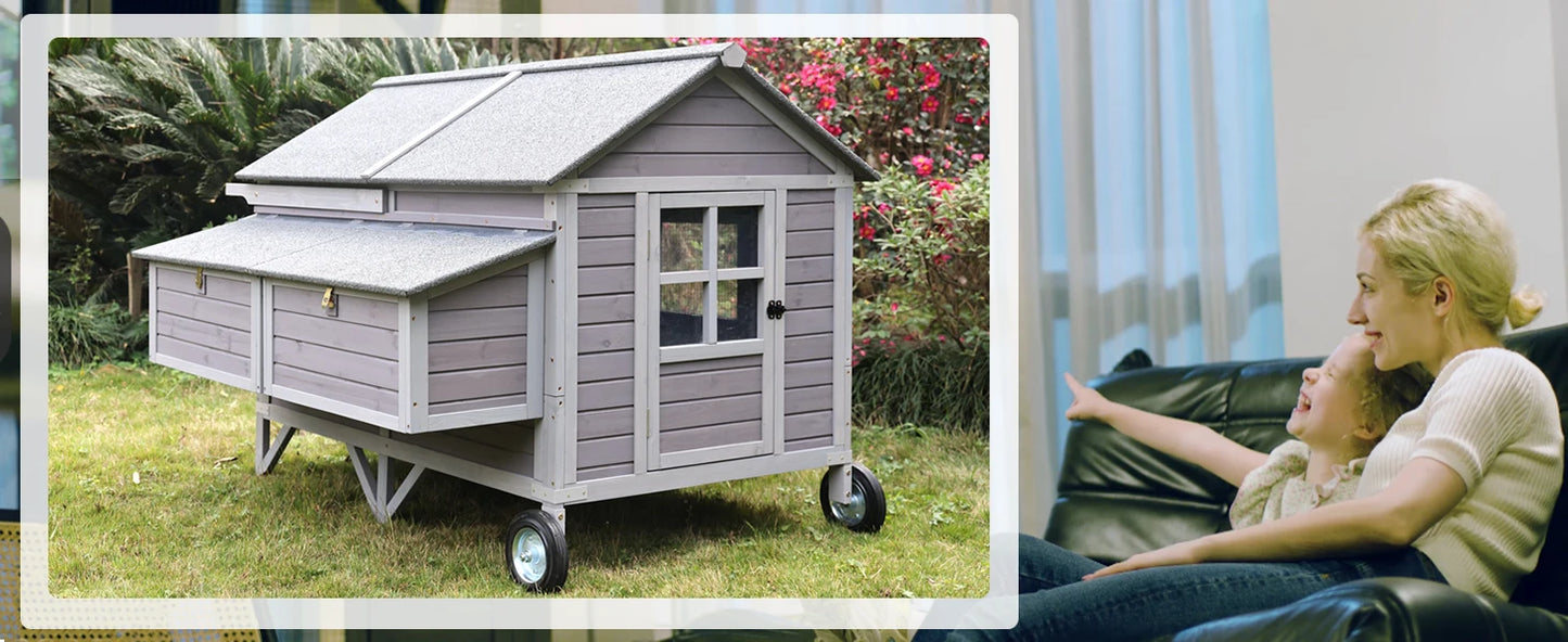 Portable Wooden Chicken Coop with Nesting Box with Sturdy Iron Frame, Durable and Waterproof, Large Upgraded Poultry Cage.