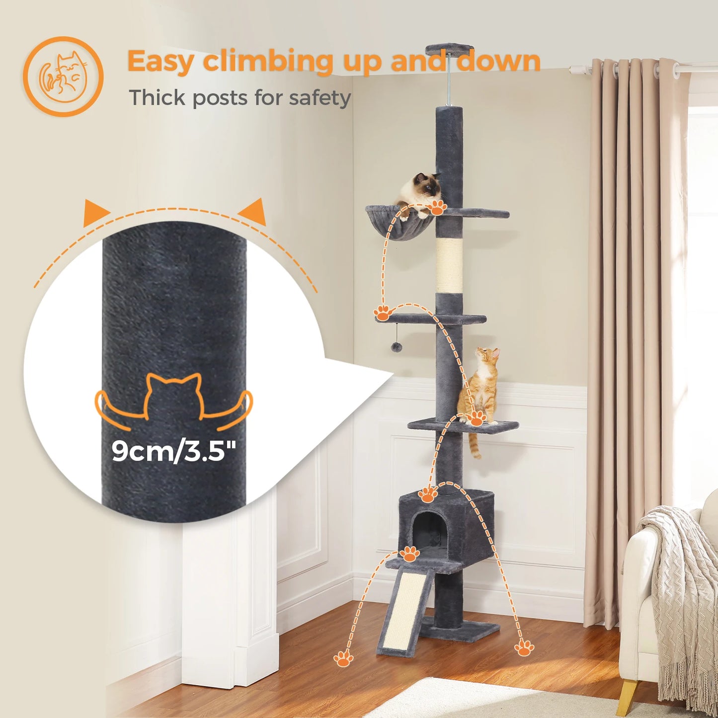 Adjustable Height 210-274CM Cat Tree Floor to Ceiling Tall Cat Climbing Tower with Cozy Condo Hammock Scratching Post Platforms