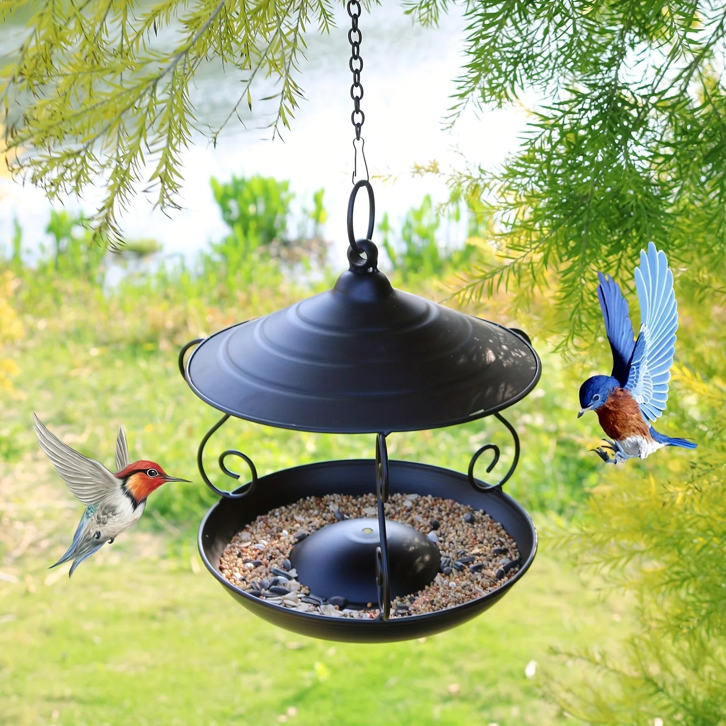 Elegant Black Hanging Bird Feeder - Durable Metal Garden Decor, Attracts Various Birds, Ideal for Outdoor Use
