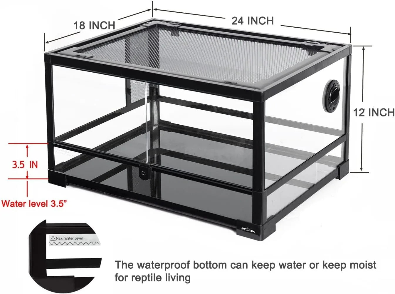 Full Glass 20 Gallon Reptile Tank Front Opening Reptile Terrarium 24" x 18"x 12" Double Hinged Opening Doors Top Screen