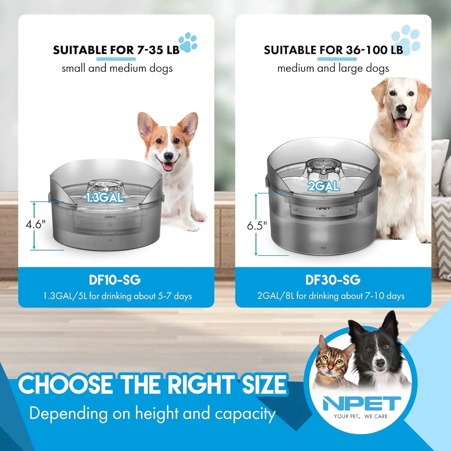 NPET DF30 Large Automatic Dog Water bowl 2 Gallon/270oz/8L with Splatter Guard for Large Dogs