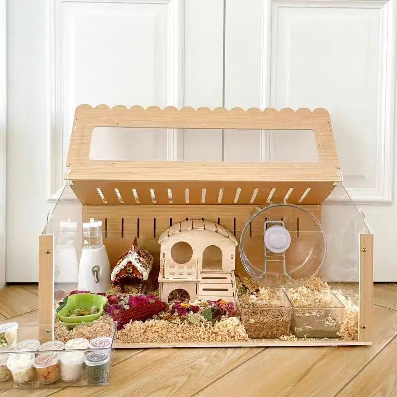 Acrylic and Wooden Hamster Cage, Assemble Transparent Visible Pet Feeding Cage, DIY Aquascape Crate Creeping Pet Feeding Box