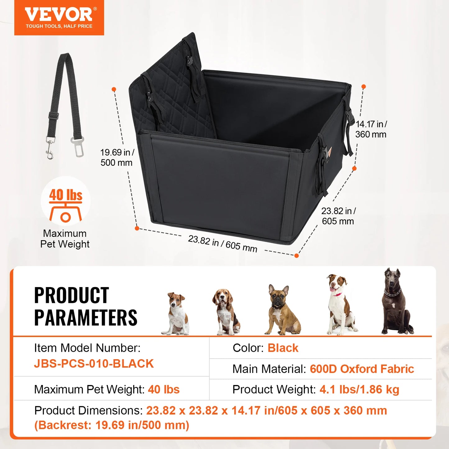 VEVOR Dog Car Seat Waterproof Dog Booster Seat Pet Car Seat with Clip-On Safety Leash PP Cotton Car Bed for Medium & Large Dog