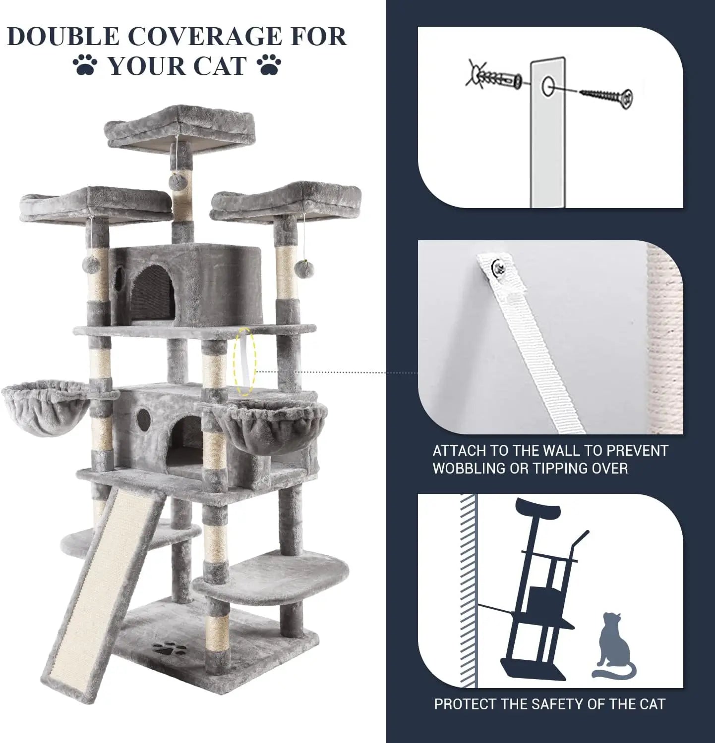 68-Inch Multi-Level Cat Tree House with Condo, Scratching Posts, and Towers for Large Cats - Light Grey