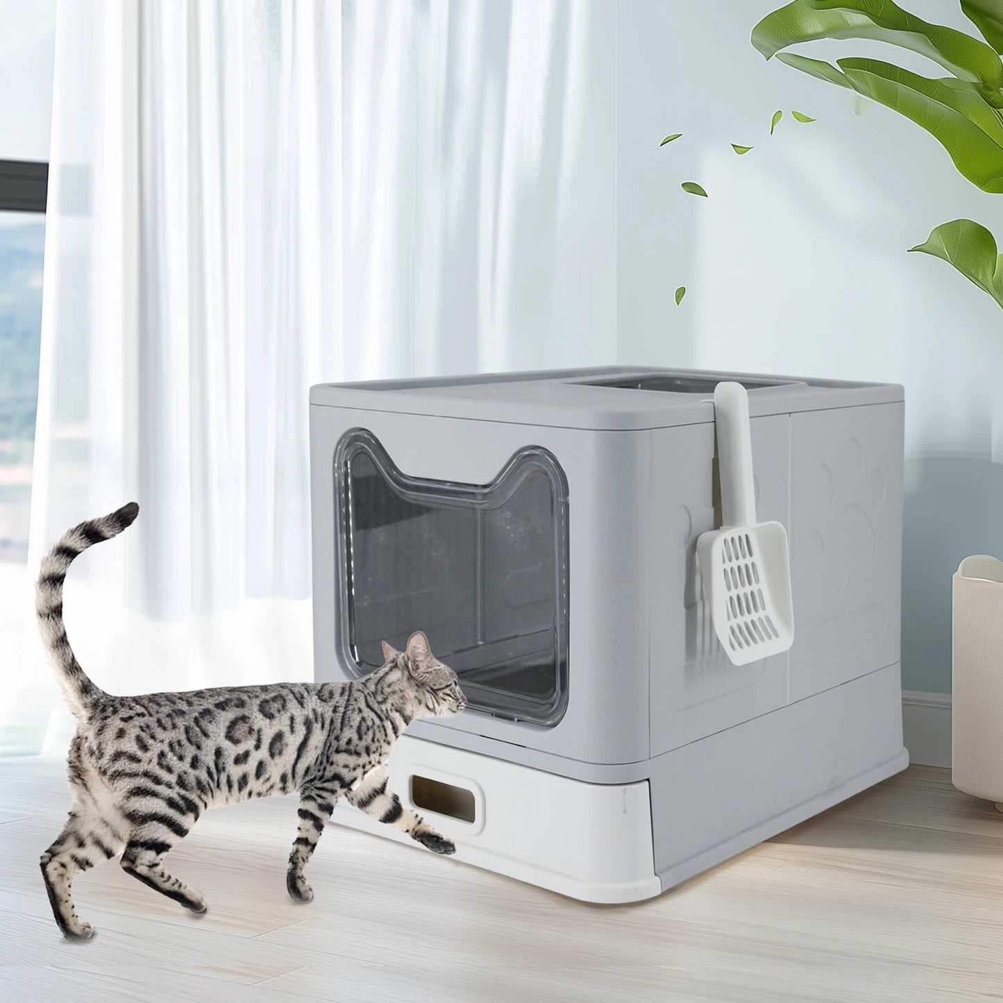Bingopaw Stainless Steel Cat Litter Box with Lid Front Entry and Top Exit Toilet Box with Litter Scoop for Kittens, Easy Cleaning