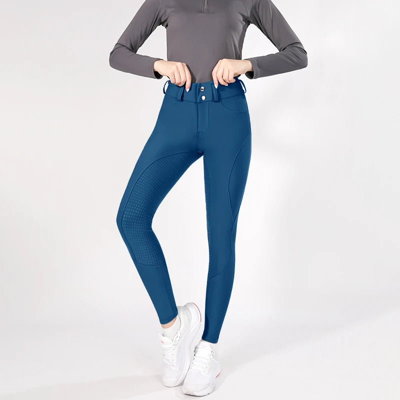 MXLLINA Button Zipper Horse Riding Pants Women Equestrian Leggings Breeches Competition Full Silicone Sports Tights