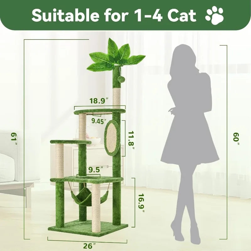 61" Large Cat Tree Tower for Indoor Cats with DIY Green Leaves Scratching Post Multi Soft Hang Ball Plush Cat House Furniture