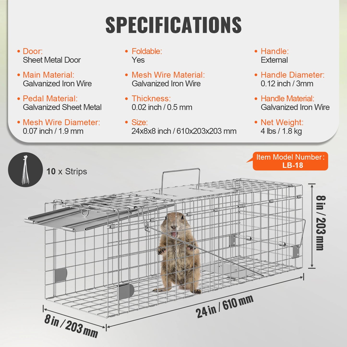 Live Animal Cage Trap Humane Cat Rodent Control Folding with Handle for Rabbits Stray Cats Squirrels Raccoons Groundhogs