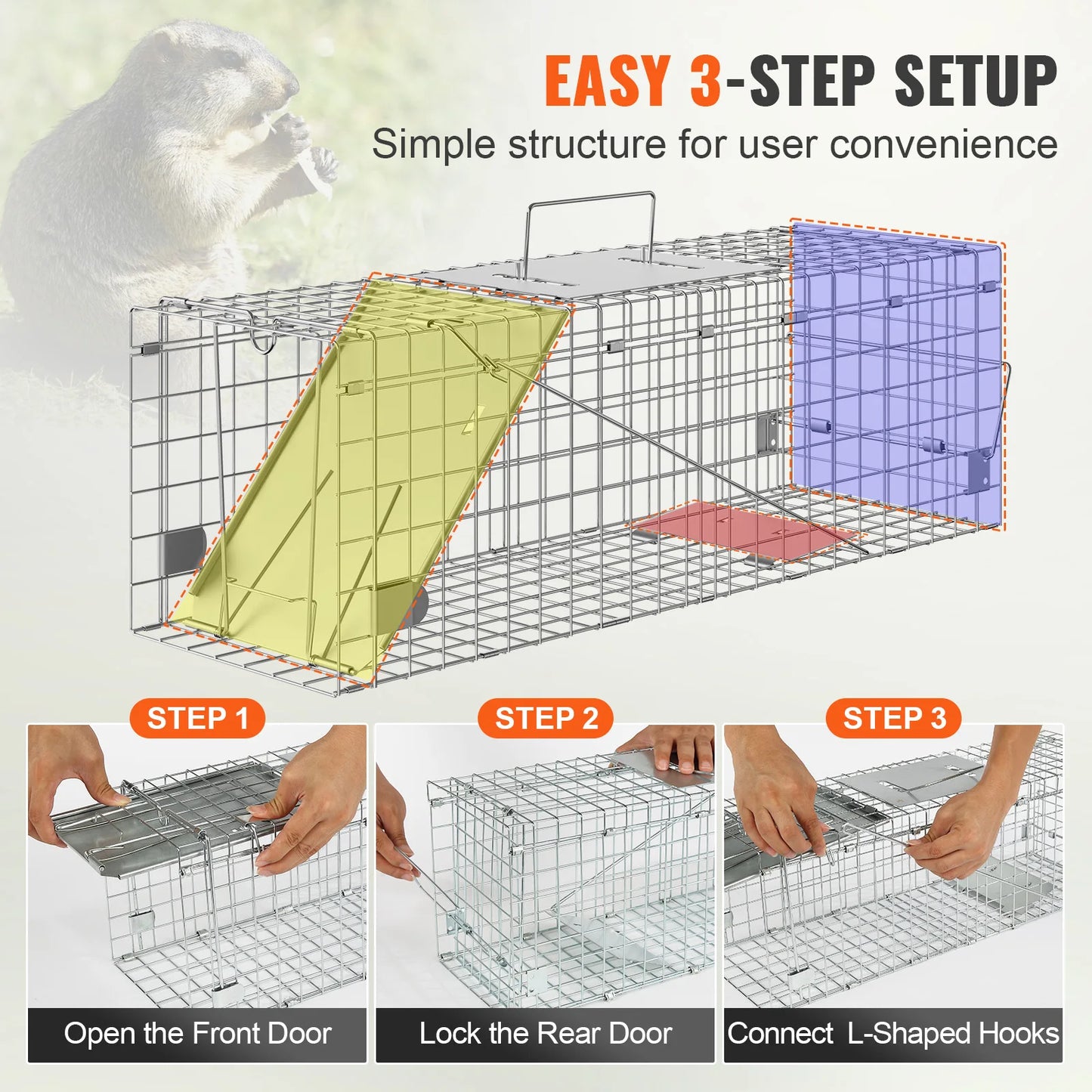 Live Animal Cage Trap Humane Cat Rodent Control Folding with Handle for Rabbits Stray Cats Squirrels Raccoons Groundhogs