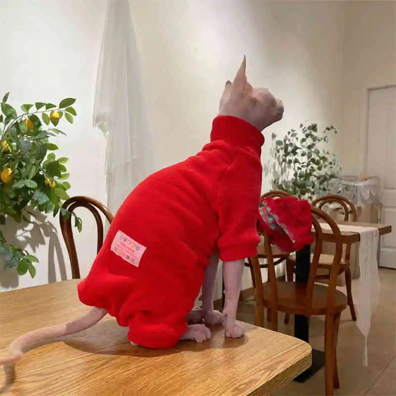 Fleece Coat for Sphynx Cat Warm Sweatshirt 4-legged Jumpsuit