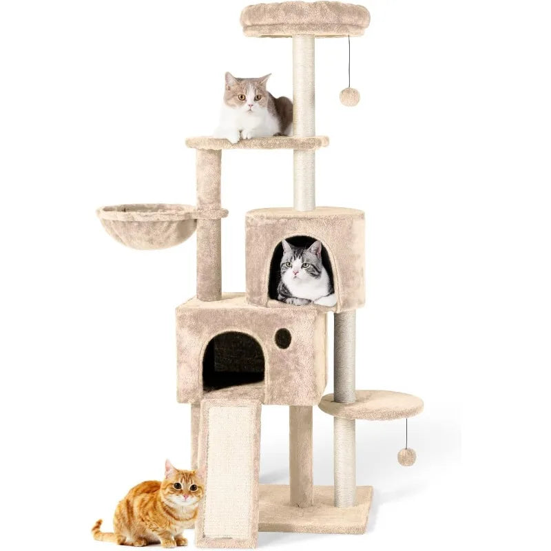 61" Large Cat Tree Tower for Indoor Cats with DIY Green Leaves Scratching Post Multi Soft Hang Ball Plush Cat House Furniture