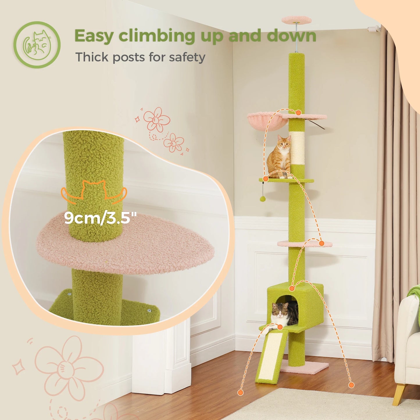 Adjustable Height 210-274CM Cat Tree Floor to Ceiling Tall Cat Climbing Tower with Cozy Condo Hammock Scratching Post Platforms
