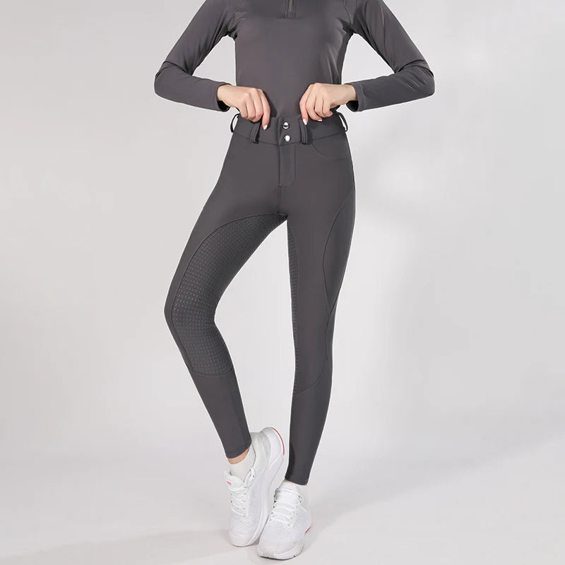 MXLLINA Button Zipper Horse Riding Pants Women Equestrian Leggings Breeches Competition Full Silicone Sports Tights