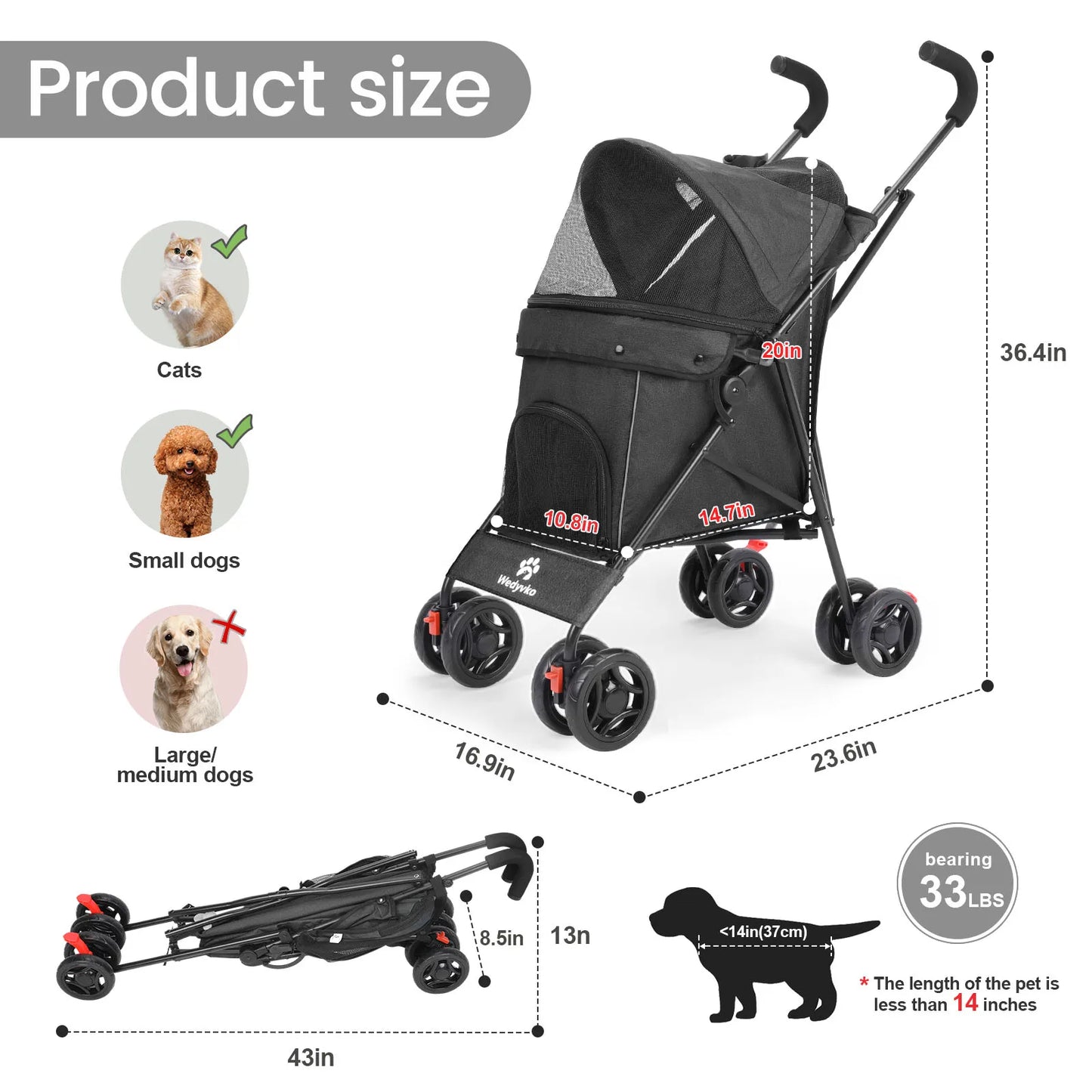 Wedyvko Pet Dog Stroller 4 Wheels Puppy Stroller with Brakes Storage for Dogs Cats Travel Pet Supplies Outdoor