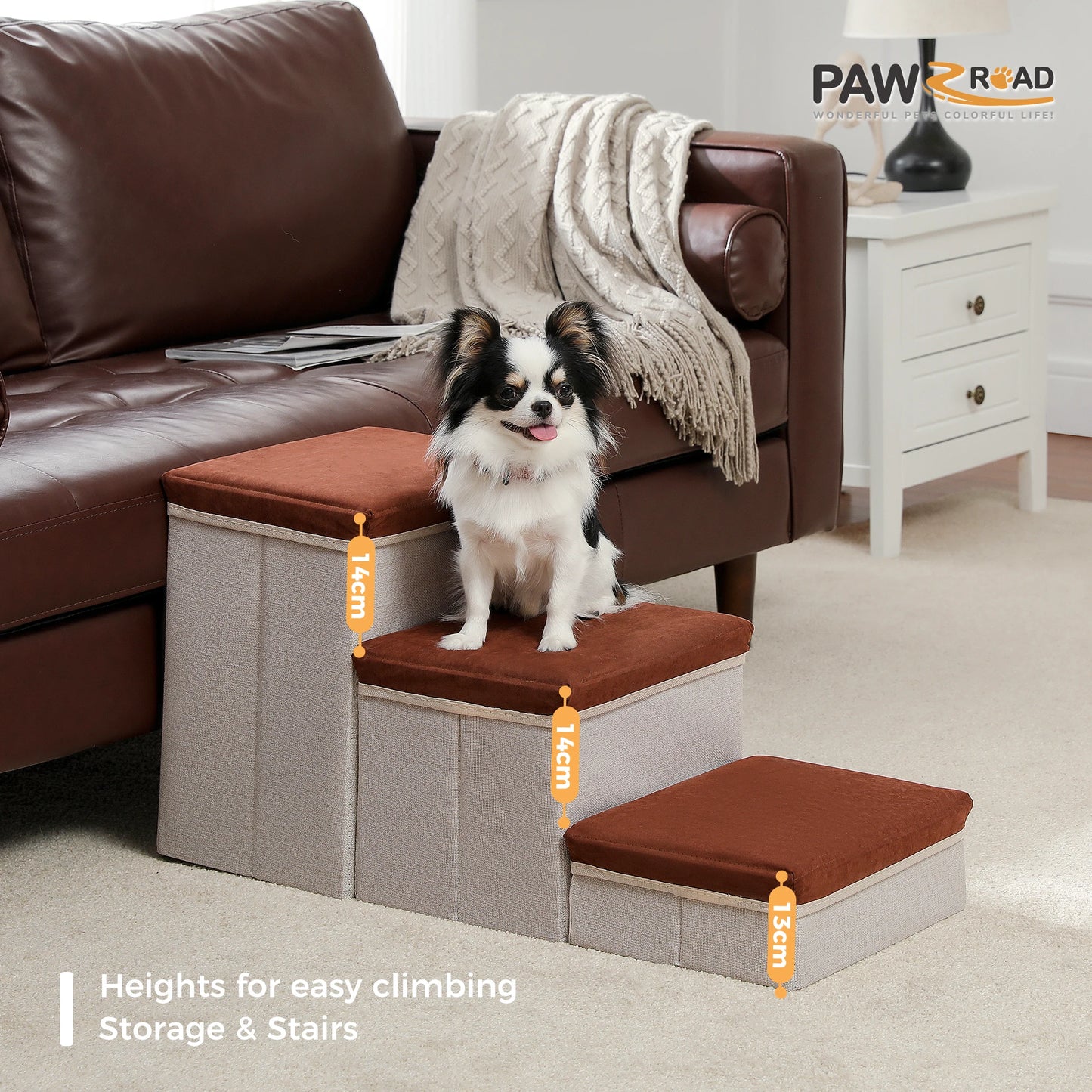 3-Tier Dog Stairs Foldable Pet Stair with Storage Box Adjustable Height Dog Steps for Small Old Dog Cat Non-Slip Pet Ramp Indoor