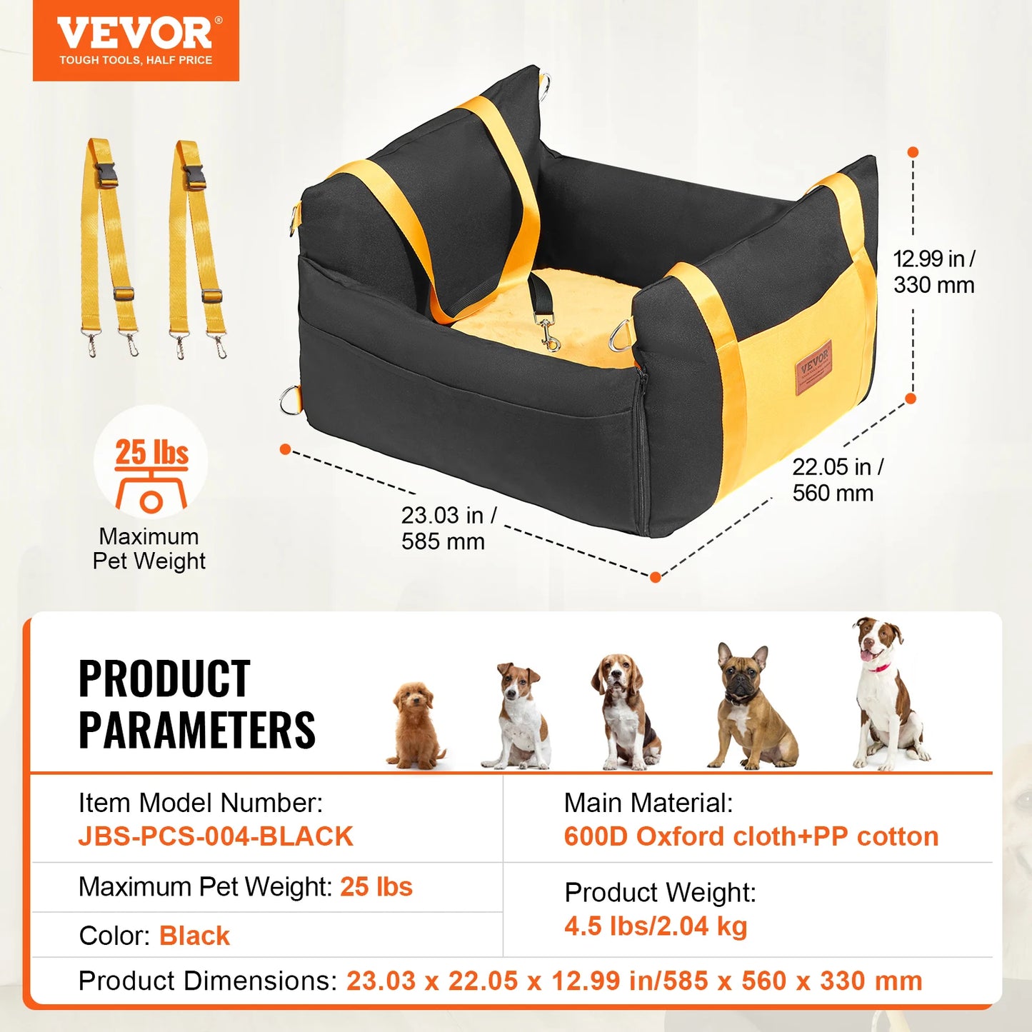 VEVOR Dog Car Seat Waterproof Dog Booster Seat Pet Car Seat with Clip-On Safety Leash PP Cotton Car Bed for Medium & Large Dog