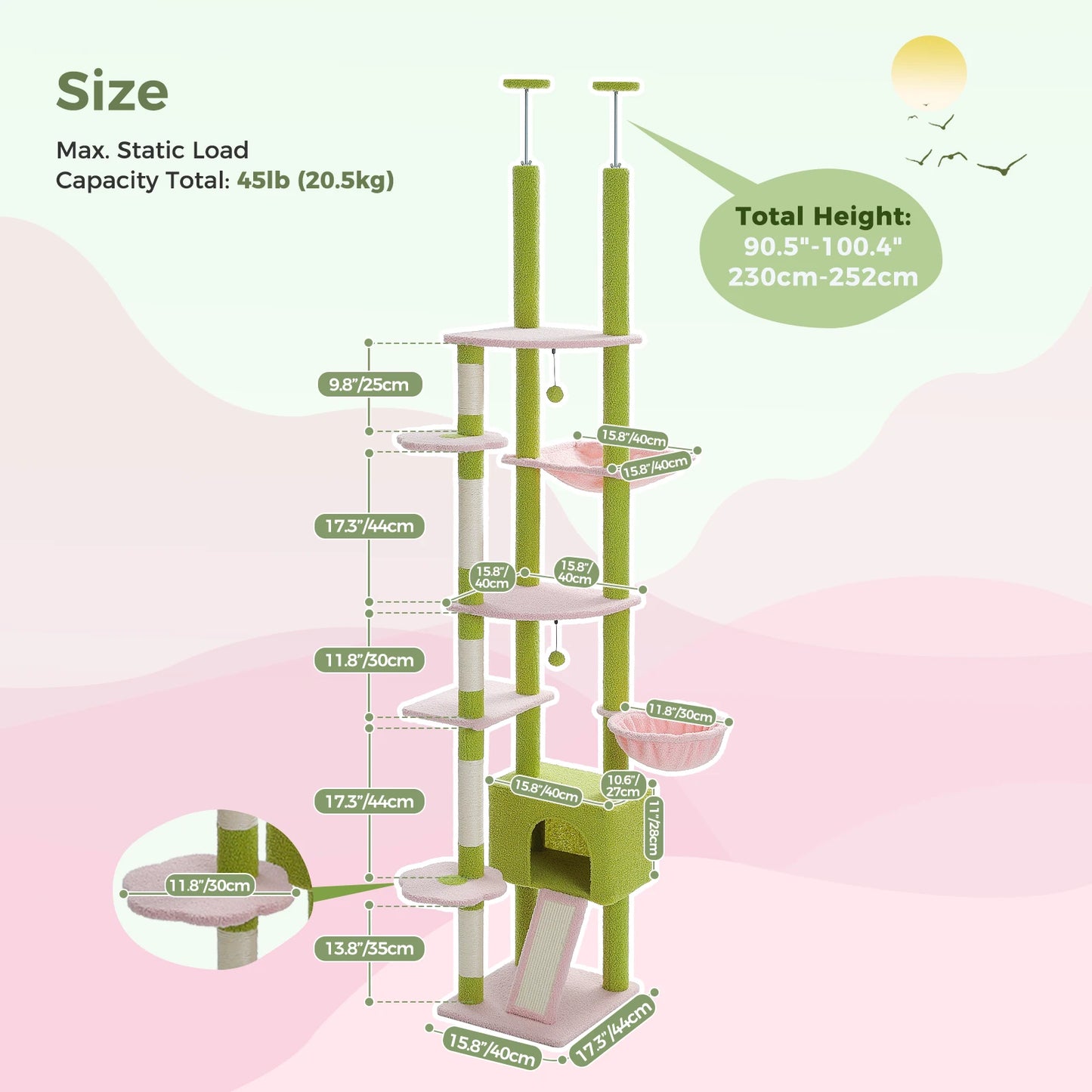 Cactus Cat Tree Floor to Ceiling Adjustable Height Cat Condo Cozy Hammock and Scratching Post Tall Activity Tree