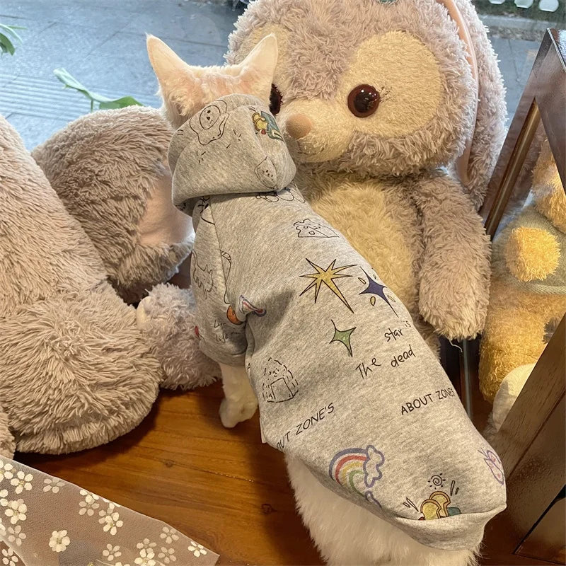 Thick Grey Fleece Hooded Sweatshirt for Sphinx Cat in Winter Long Sleeves Warm Cartoon Kittens Jacket Coat for Devon Rex