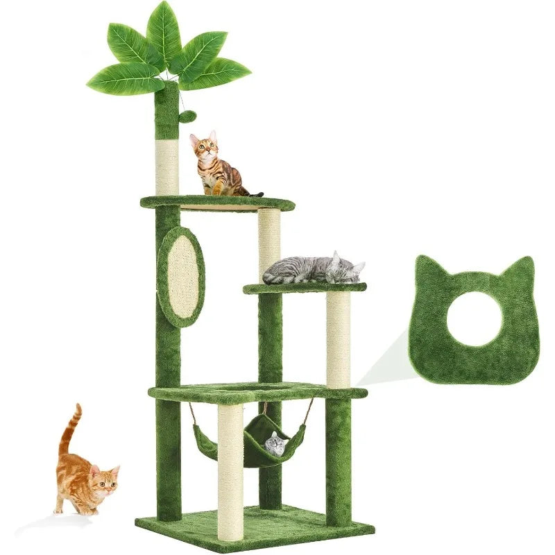 61" Large Cat Tree Tower for Indoor Cats with DIY Green Leaves Scratching Post Multi Soft Hang Ball Plush Cat House Furniture