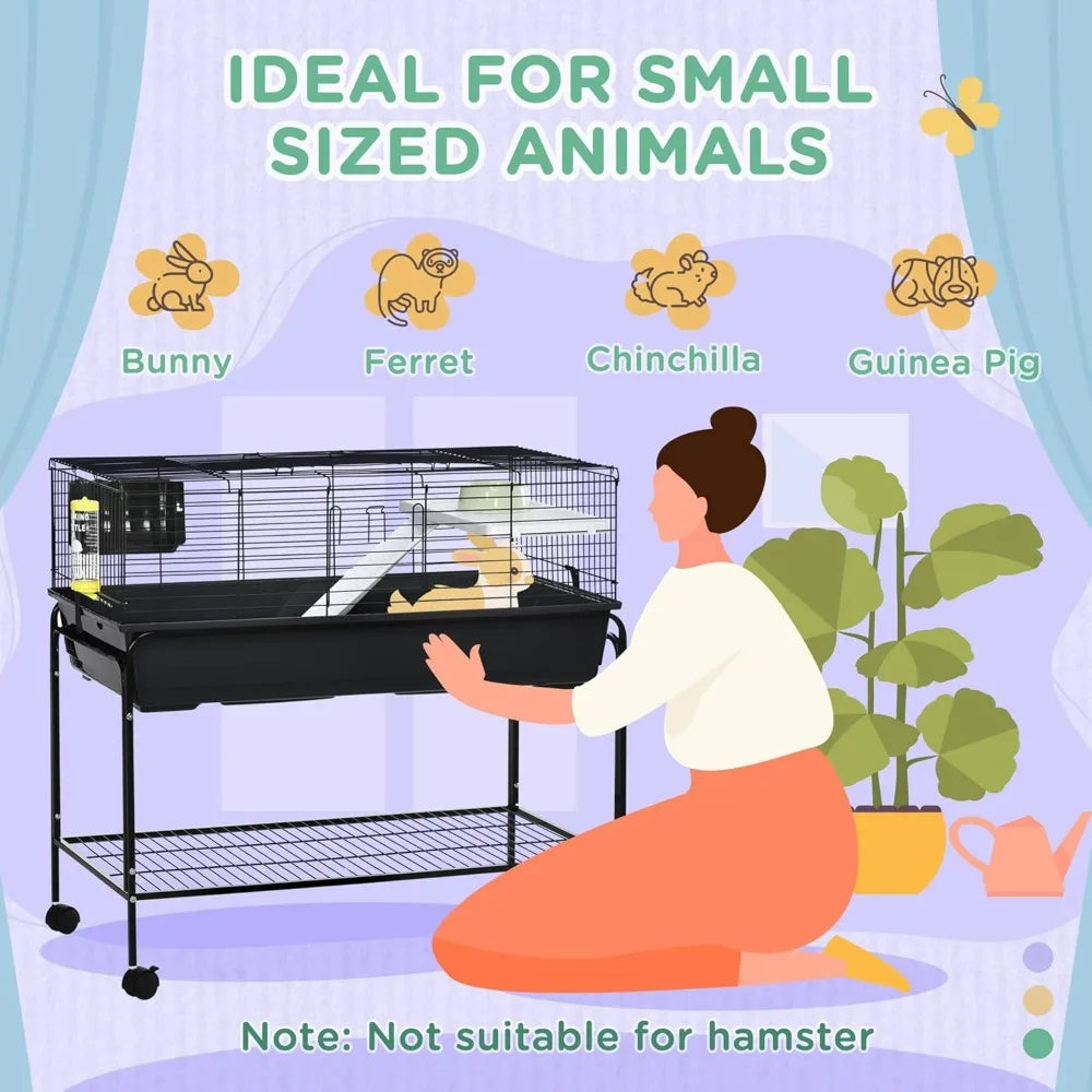 Two-Story Small Animal Cage Removable from Stand, Guinea Pig Cage, Hedgehog Cage, Chinchilla Cage, Ferret, with Shelf & Wheels