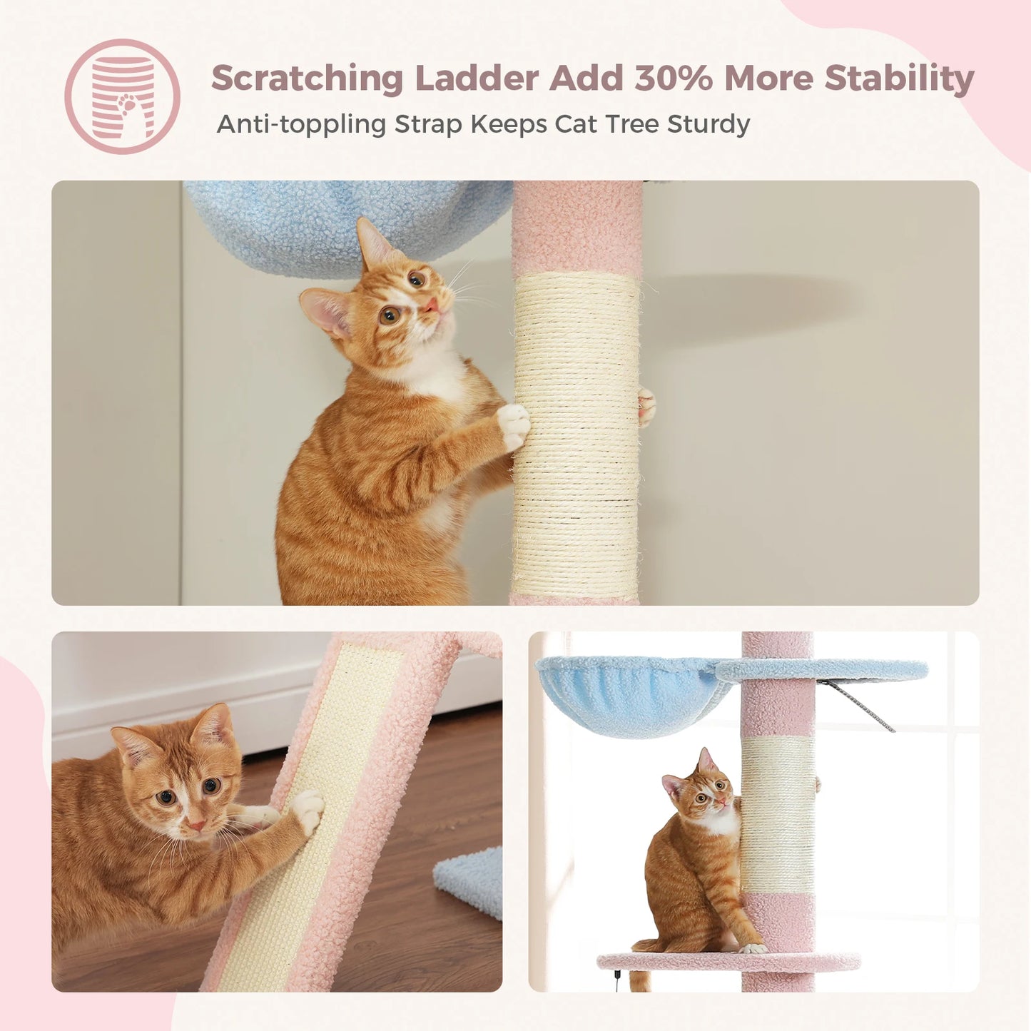 Adjustable Height 210-274CM Cat Tree Floor to Ceiling Tall Cat Climbing Tower with Cozy Condo Hammock Scratching Post Platforms