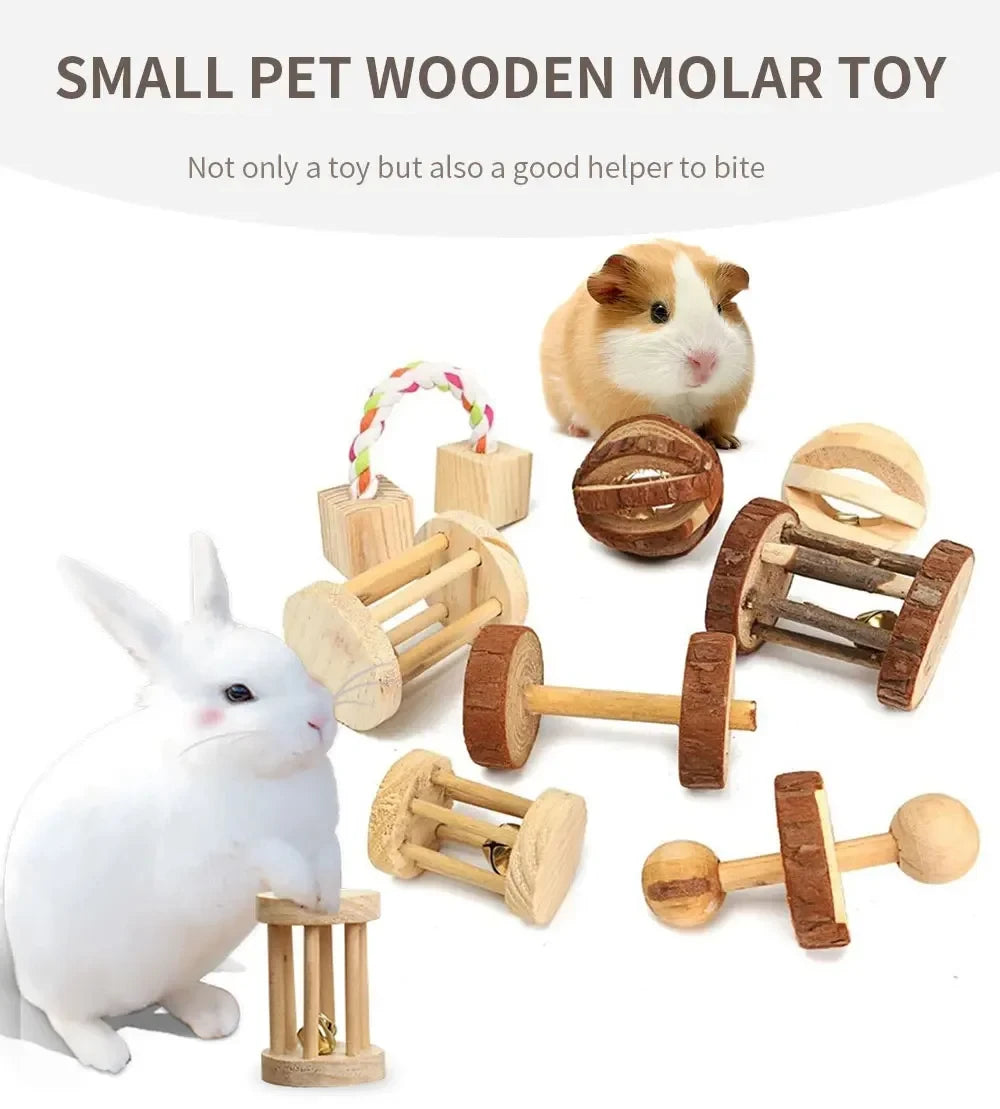Guinea Pig Rabbit Hamster Small Animal Play Pet Roller Toys Natural Wooden Pine Dumbbells Unicycle Bell Chew Chewing Braided Ball