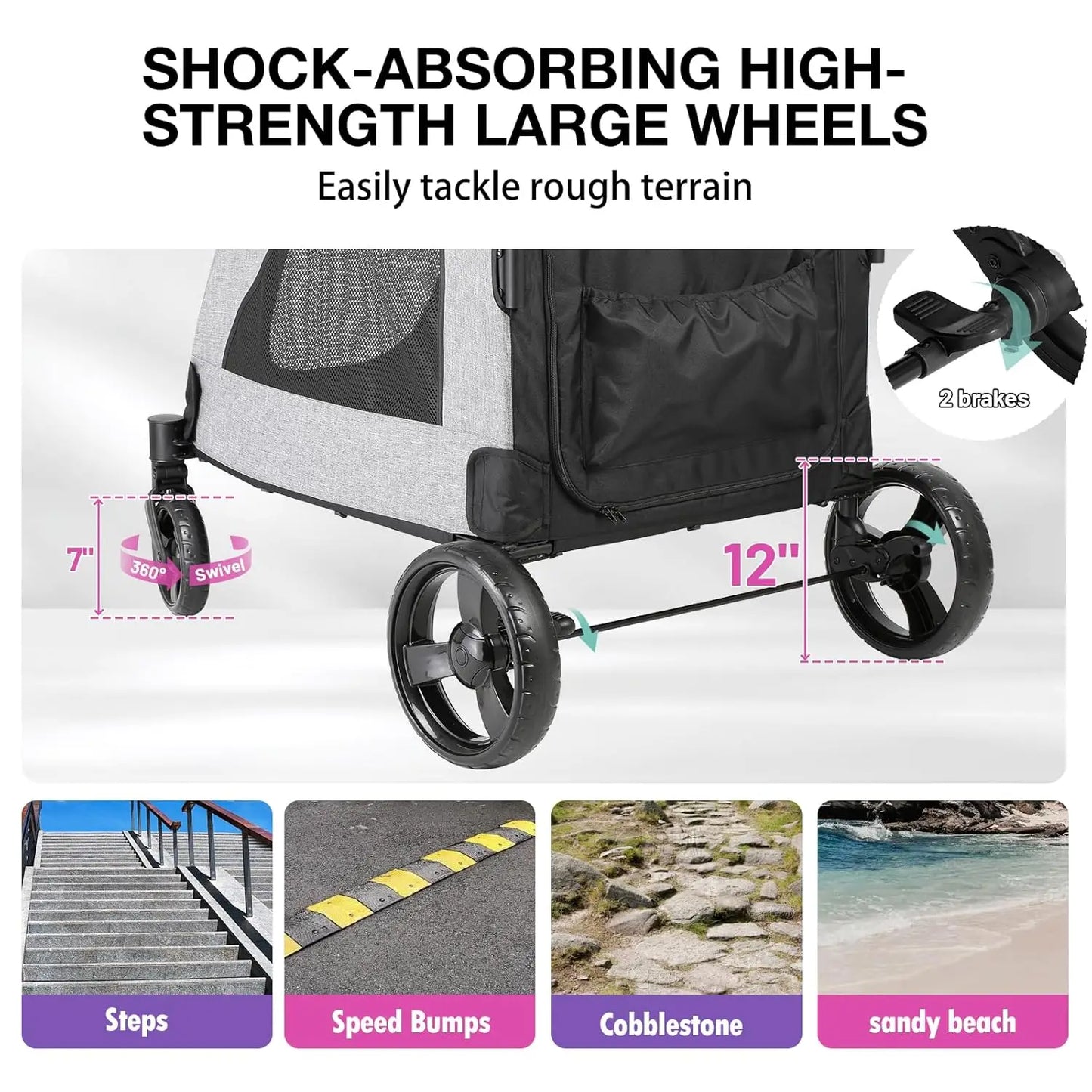 XL Extra Large Dog Stroller Adjustable Handles, Lightweight Folding Pet Stroller for 2 Medium Dogs Dual Entry