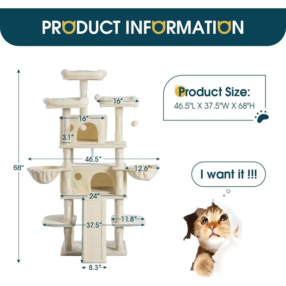 68 Inches Multi-Level Large Cat Tree for Big Cats, Condo Cozy, Plush Cat Perches Fluffy Balls