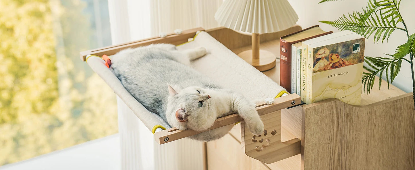 Mewoofun Cat Window Perch Wood Metal Frame Easy to Assemble for Windowsill Bedside Drawer and Cabinet More Beige Chessboard