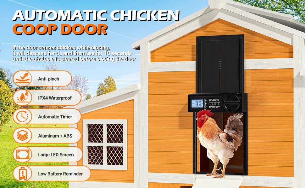 Automatic Chicken Coop Door Auto Duck Door Battery Powered Electric Chicken Coop Door with Timer & Manual Control LED Screen
